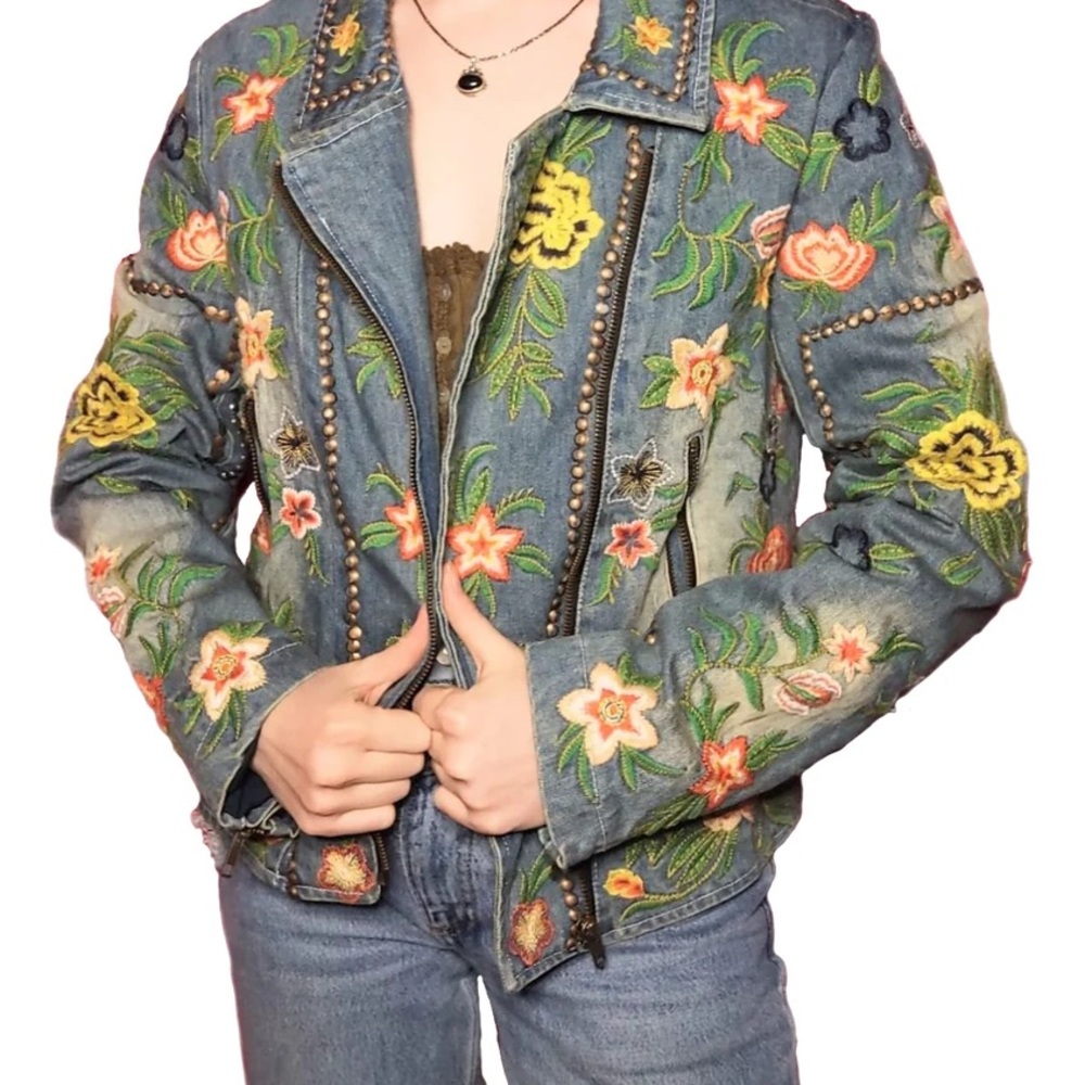 Aratta Women's Embroidered Denim Jacket - Blue and Multicolor - Picture 2 of 16